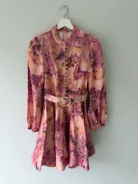 Watercolor Pink Floral Button-Front Mini Dress with Belt XS/S